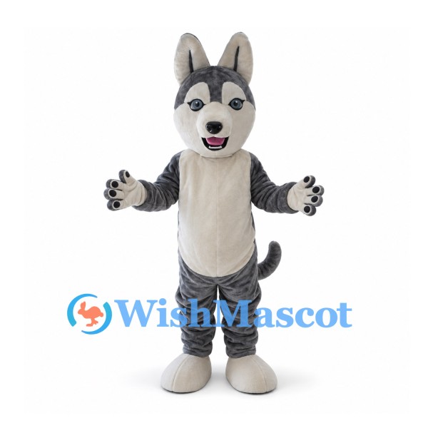 Husky Mascot Costume in Gray and White with Upright Ears