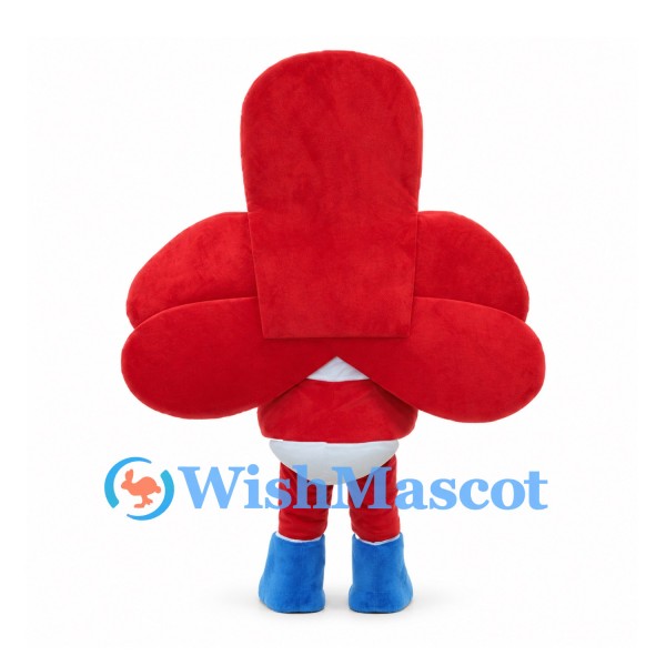 Superhero Mascot Costume in Red with Feathered Mask and Blue Boots