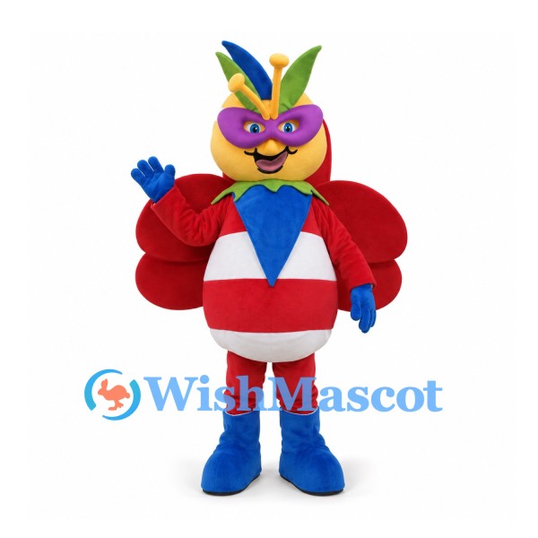 Superhero Mascot Costume in Red with Feathered Mask and Blue Boots