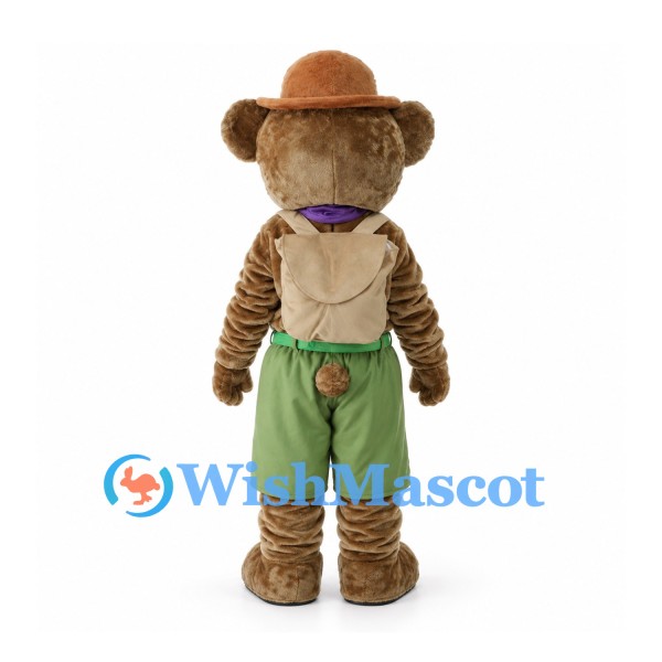 Bear Mascot Costume with Safari Hat, Green Shorts and Purple Scarf