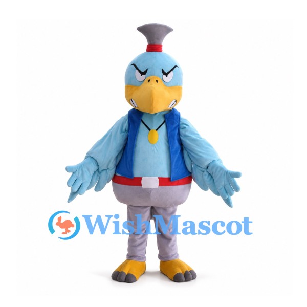 Bird Mascot Costume in Blue with Gray Crest and Trousers