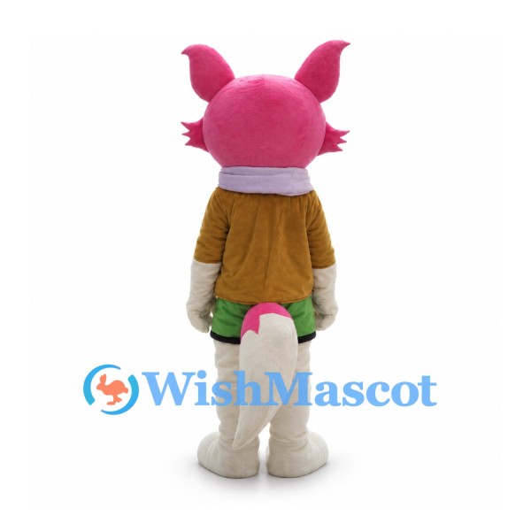 Fox Mascot Costume in Pink with Brown Jacket and Lavender Scarf