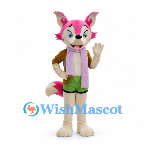 Fox Mascot Costume in Pink with Brown Jacket and Lavender Scarf