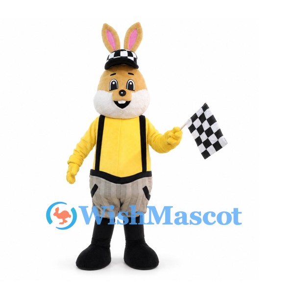 Rabbit Mascot Costume with Yellow Referee Shirt and Checkered Flag