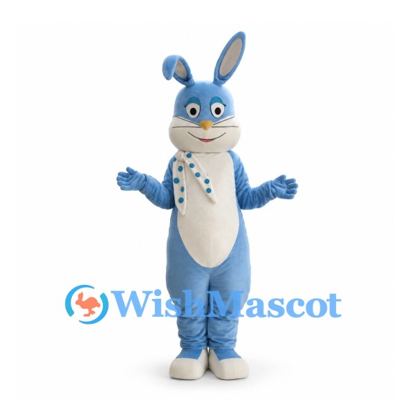 Rabbit Mascot Costume in Blue with White Belly and Ribbon