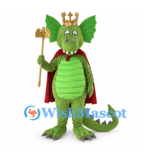 Dragon Mascot Costume with Gold Crown, Red Cape and Scepter