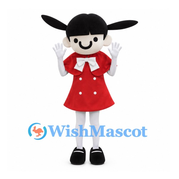 Girl Mascot Costume with Black Pigtails and Red Dress