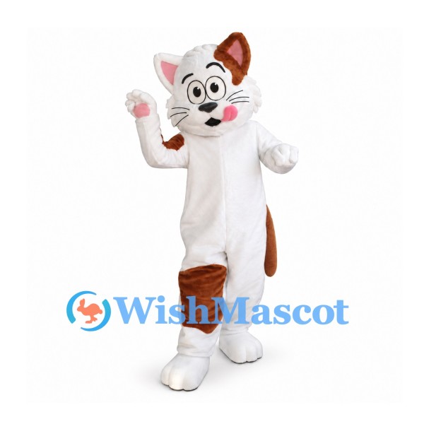 Cat Mascot Costume in White with Brown Patches and Pink Cheeks