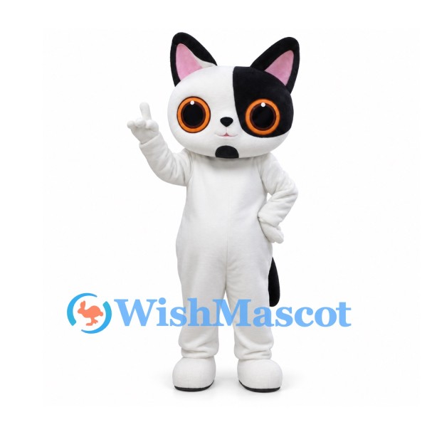 Cat Mascot Costume in Black and White with Large Orange Eyes