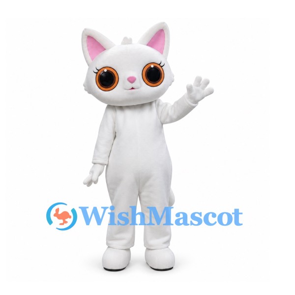 Cat Mascot Costume in White with Large Orange Eyes