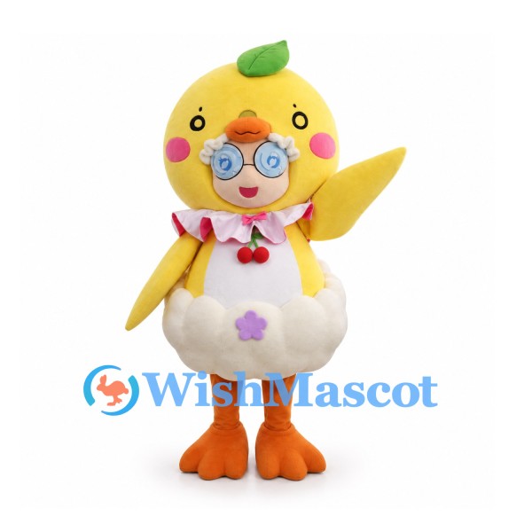 Duck Mascot Costume with Clown Face and White Ruffled Collar