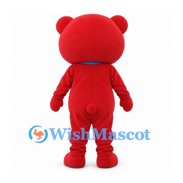 Bear Mascot Costume in Red with Pink Belly and Blue Bow Tie