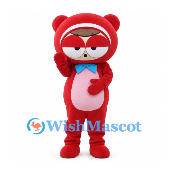 Bear Mascot Costume in Red with Pink Belly and Blue Bow Tie