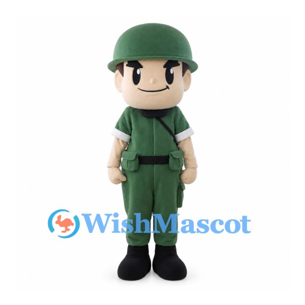 Soldier Mascot Costume with Green Helmet and Uniform