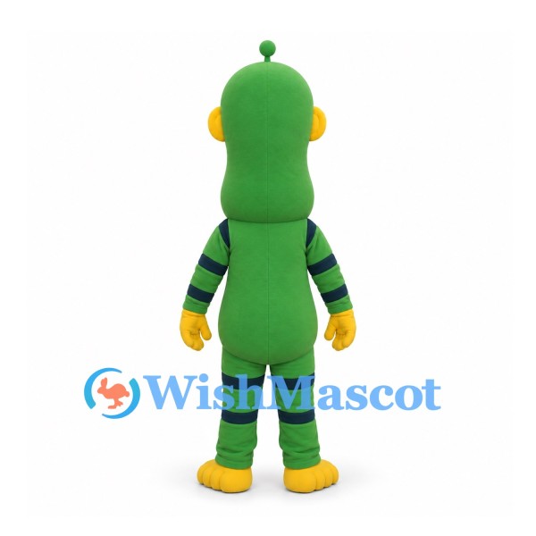 Alien Mascot Costume in Green with Yellow Face and Striped Limbs