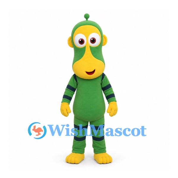 Alien Mascot Costume in Green with Yellow Face and Striped Limbs