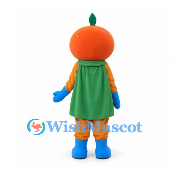Orange Mascot Costume with Green Superhero Cape and Blue Gloves