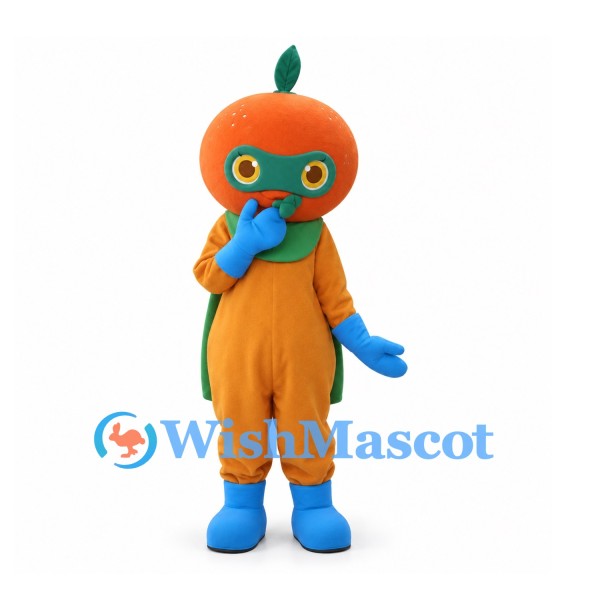 Orange Mascot Costume with Green Superhero Cape and Blue Gloves