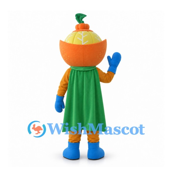 Orange Mascot Costume with Sliced Fruit Head and Green Cape