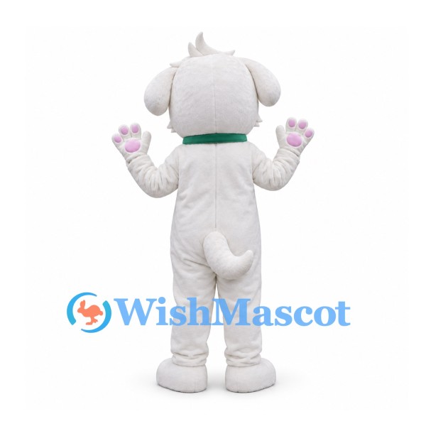 Dog Mascot Costume in White with Green Collar and Pink Paws