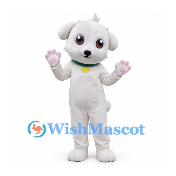 Dog Mascot Costume in White with Green Collar and Pink Paws