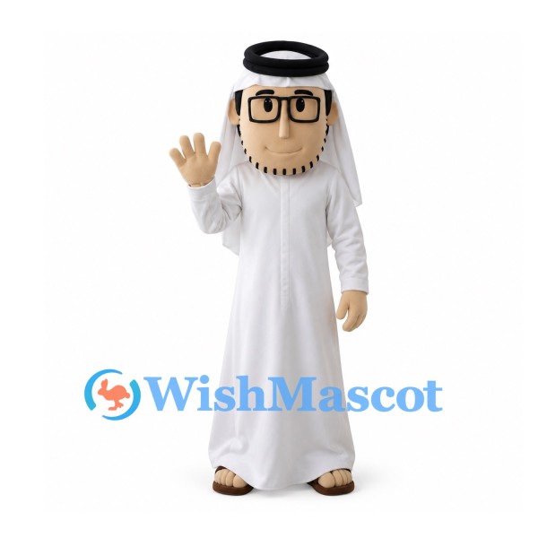Man Mascot Costume with White Robe, Headscarf and Black Glasses