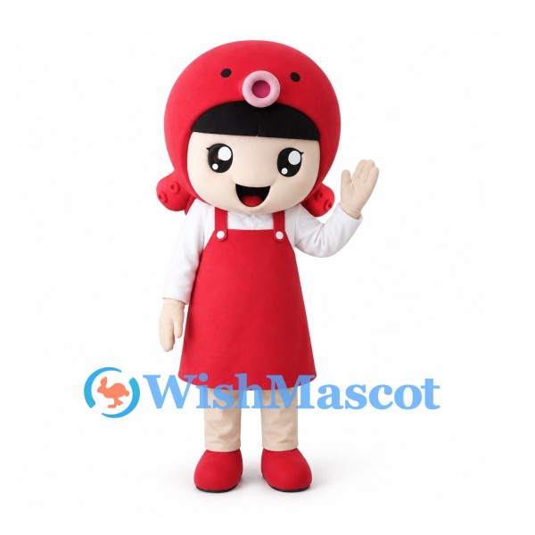 Girl Mascot Costume with Red Round Hair and Pinafore Dress