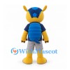 Owl Mascot Costume in Yellow and Blue with Navy Shirt and Gray Shorts