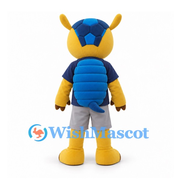 Owl Mascot Costume in Yellow and Blue with Navy Shirt and Gray Shorts