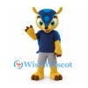 Owl Mascot Costume in Yellow and Blue with Navy Shirt and Gray Shorts