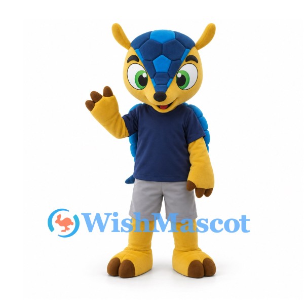 Owl Mascot Costume in Yellow and Blue with Navy Shirt and Gray Shorts