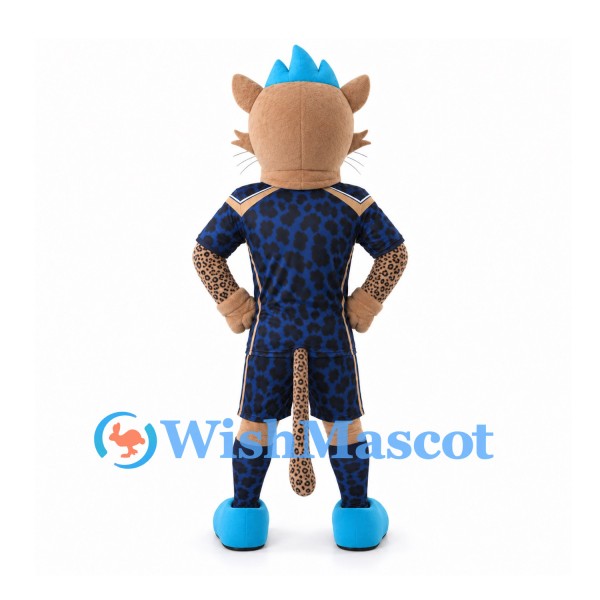 Leopard Mascot Costume with Navy Sports Uniform and Blue Crest