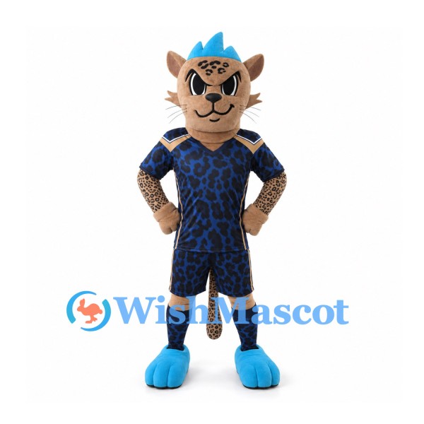 Leopard Mascot Costume with Navy Sports Uniform and Blue Crest