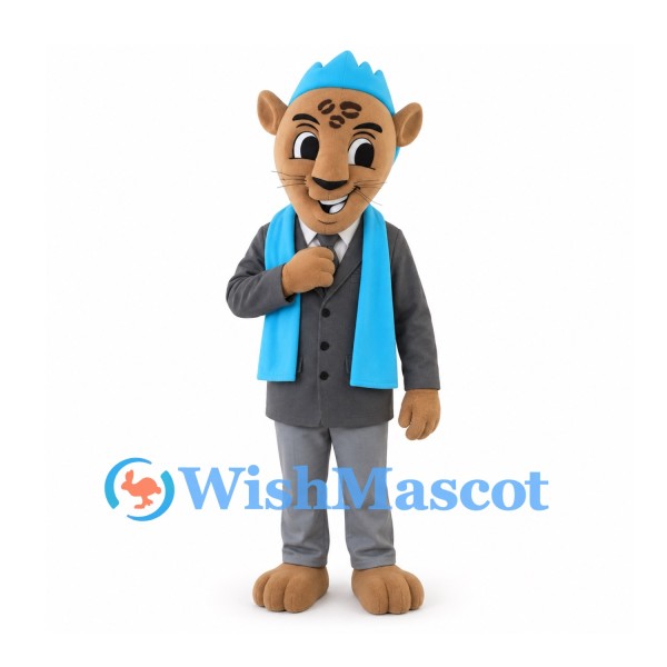 Leopard Mascot Costume with Gray Suit and Blue Shirt