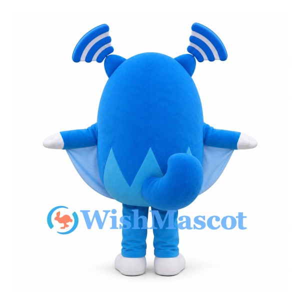 Blue Monster Mascot Costume with Striped Antennae and Round Body