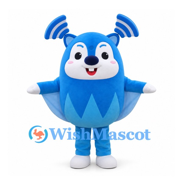 Blue Monster Mascot Costume with Striped Antennae and Round Body