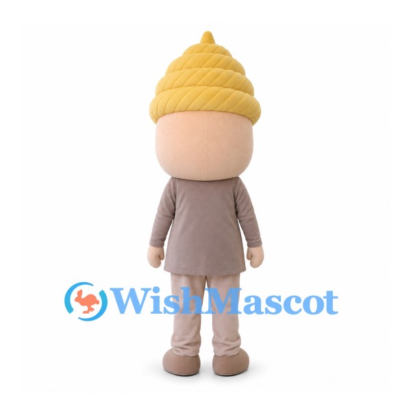 Boy Mascot Costume with Yellow Swirl Hat and Brown Outfit