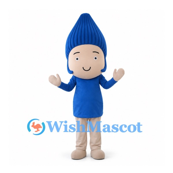 Boy Mascot Costume with Tall Blue Hair and Blue Shirt