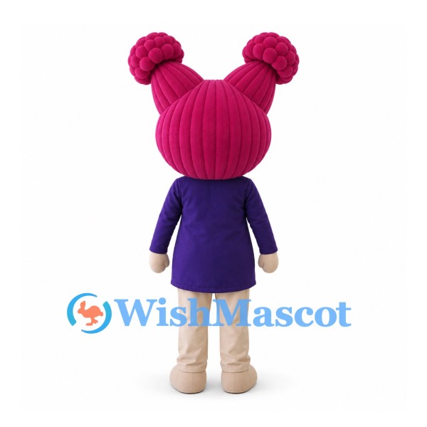 Girl Mascot Costume with Pink Hair Buns and Purple Dress