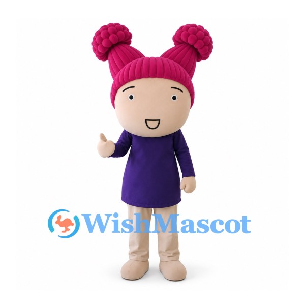 Girl Mascot Costume with Pink Hair Buns and Purple Dress