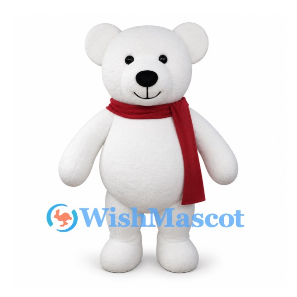 Polar Bear Mascot Costume with Red Scarf and Round Belly