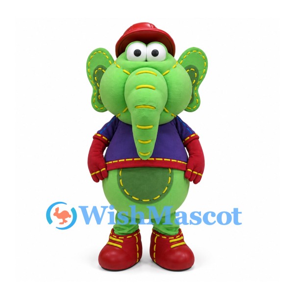 Elephant Mascot Costume in Green with Red Hat and Purple Jacket