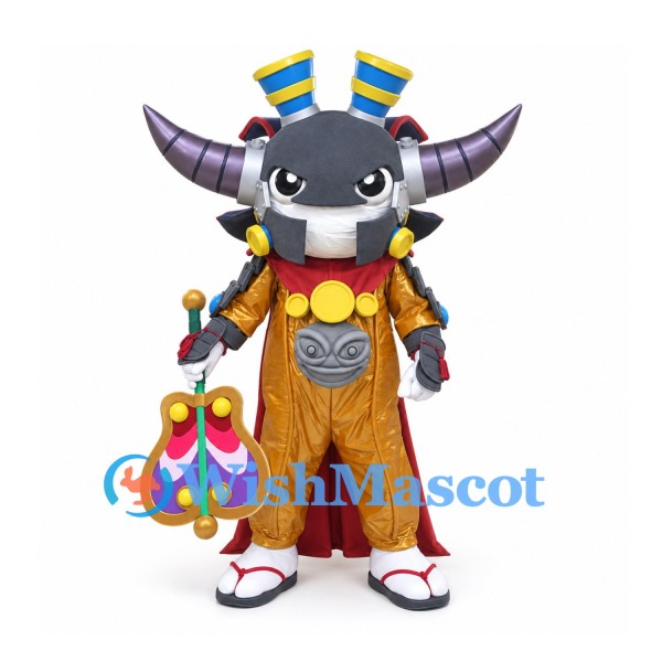 Bull Mascot Costume with Black Horned Helmet and Red Cape