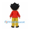 Boy Mascot Costume with Black Spiky Hair and Red Brocade Shirt