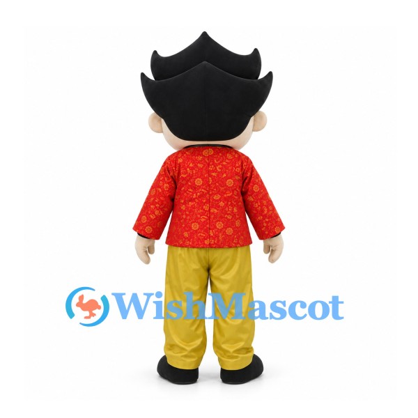 Boy Mascot Costume with Black Spiky Hair and Red Brocade Shirt