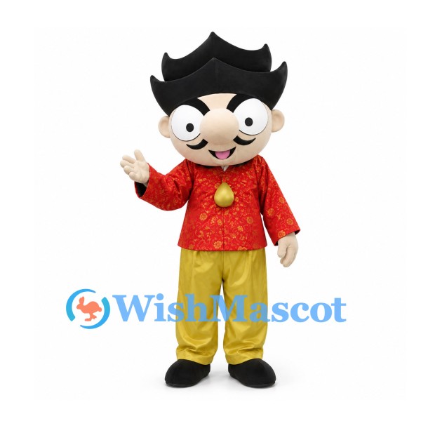 Boy Mascot Costume with Black Spiky Hair and Red Brocade Shirt