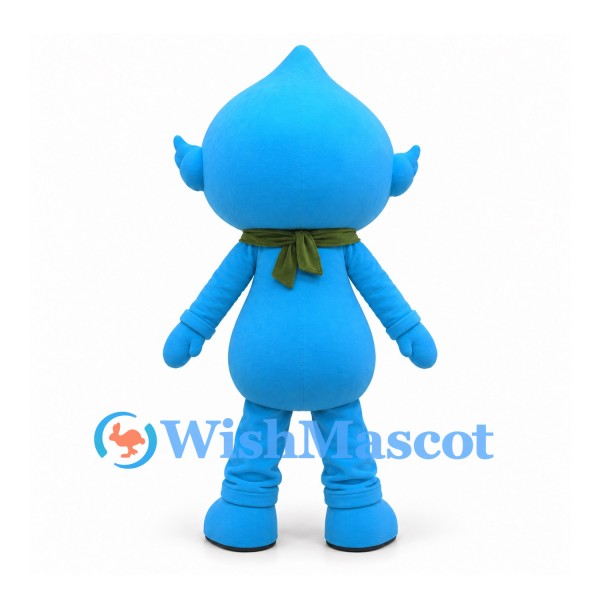 Water Drop Mascot Costume in Blue with Green Scarf