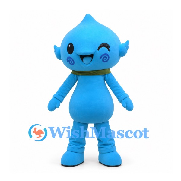 Water Drop Mascot Costume in Blue with Green Scarf