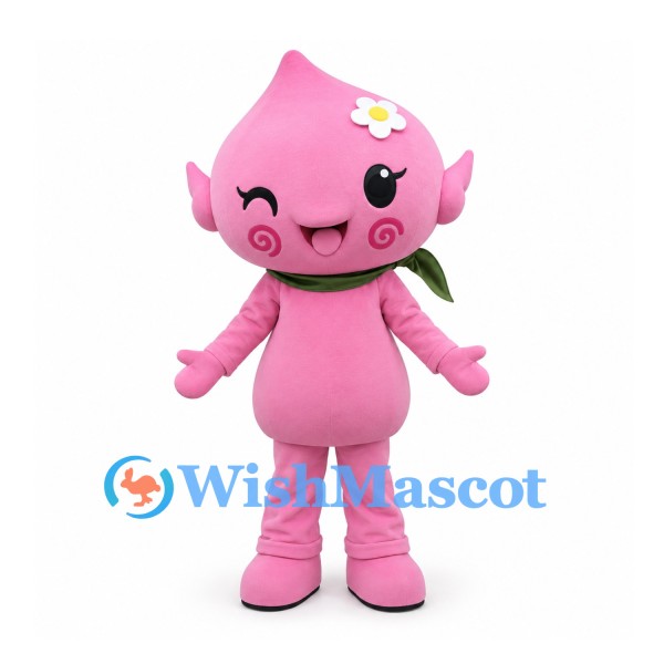 Water Drop Mascot Costume in Pink with Flower and Leaf Scarf