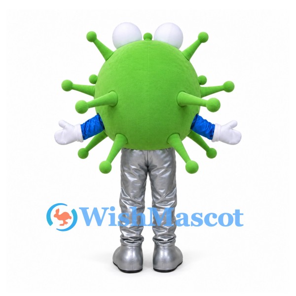 Germ Mascot Costume in Green with Three Eyes and Silver Boots